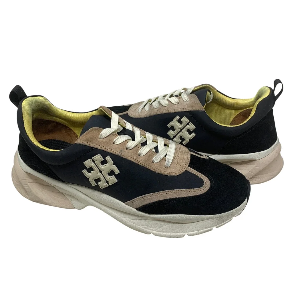 Tory Burch Good Luck Trainer Sneakers Black Leather Suede Nylon Women's Sz 12